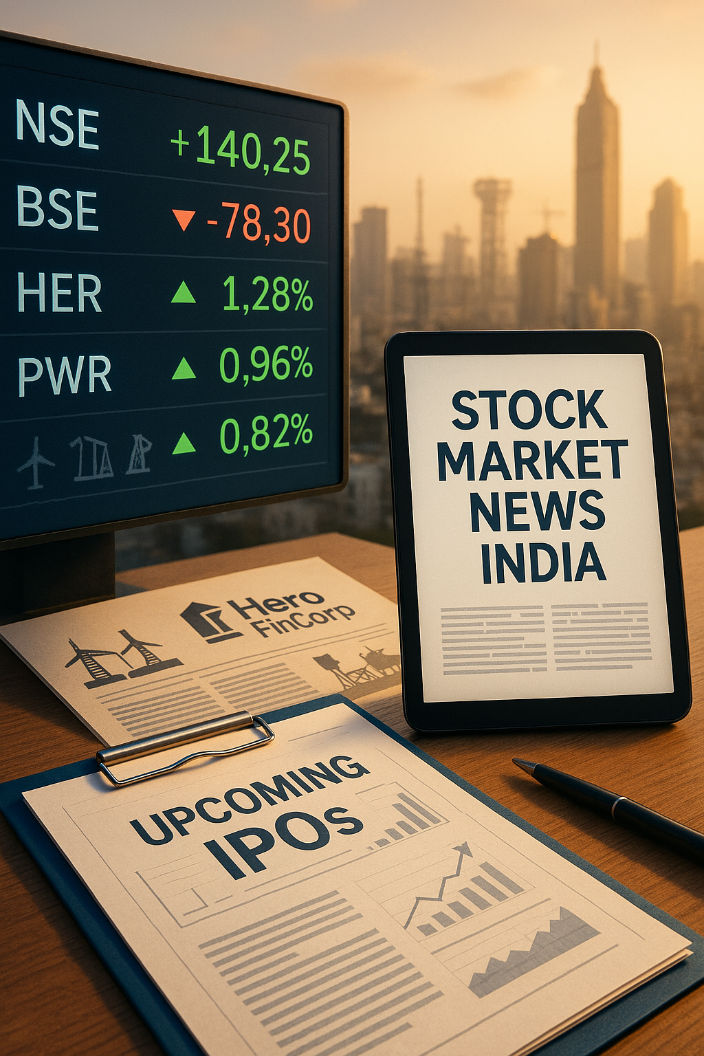 Digital display of Indian stock market indices and IPO updates including NSE, BSE, Hero Fincorp, and upcoming IPOs.